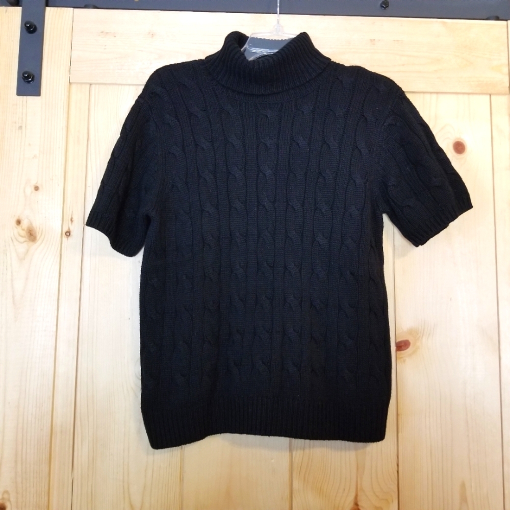 Talbots Silk Cashmere Blend Black Short Sleeve Cable Knit Turtleneck Sweater